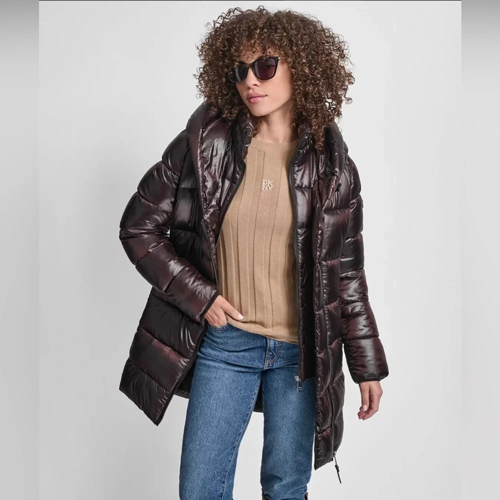 ❄️ DKNY Metallic burgundy Black Cherry 🍒 Bib Packable Shiny Bomber Jacket Coat - Picture 6 of 7